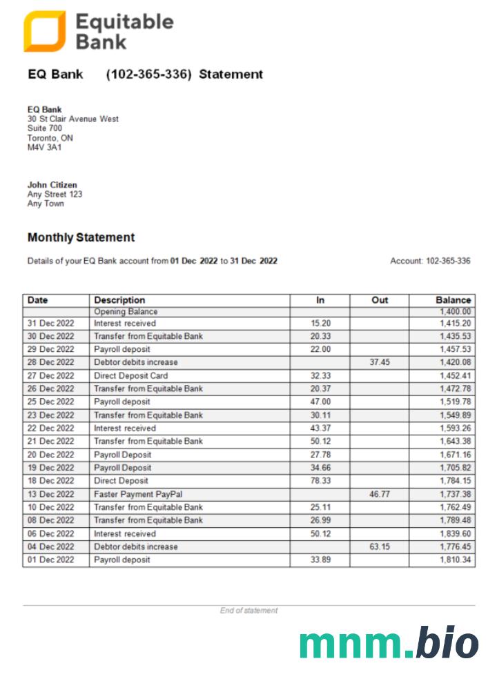 USA Ontario EQ wyciąg bankowy szablon Worda i PDF